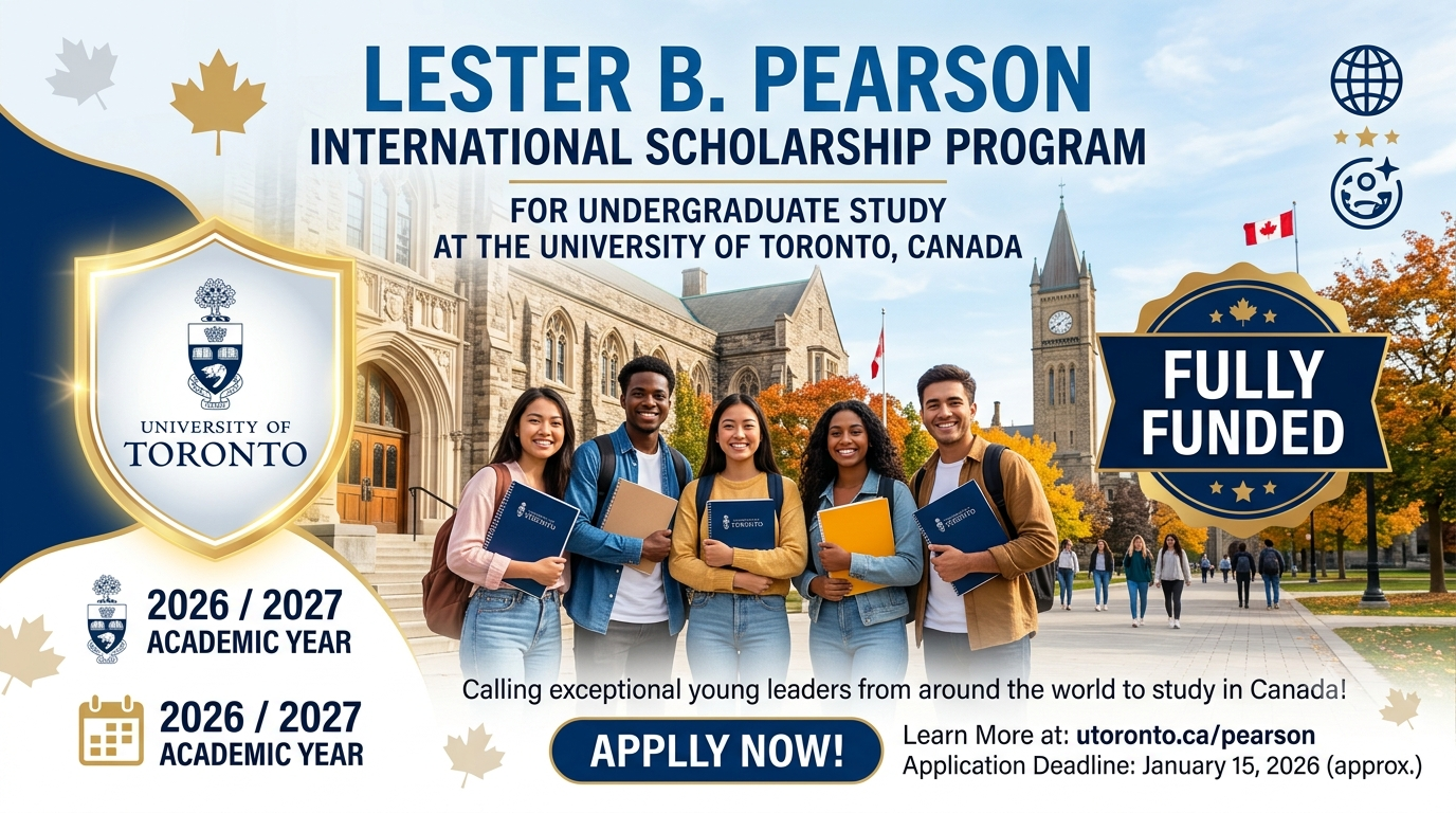 Lester B. Pearson International Scholarship Program 2026/2027 for Undergraduate study at the University of Toronto, Canada (Fully Funded)